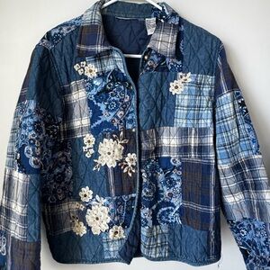 KEREN hart Blue Patchwork Quilted Floral Jean Jacket